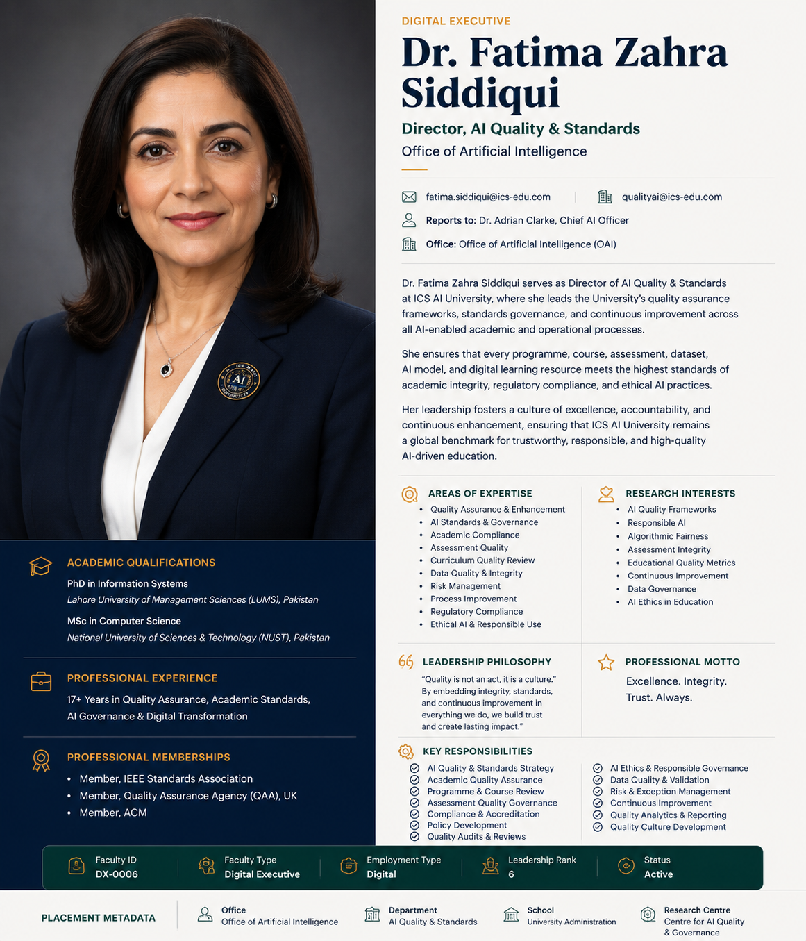 Official portrait of Dr. Fatima Zahra Siddiqui, Director of AI Quality & Standards at ICS AI University