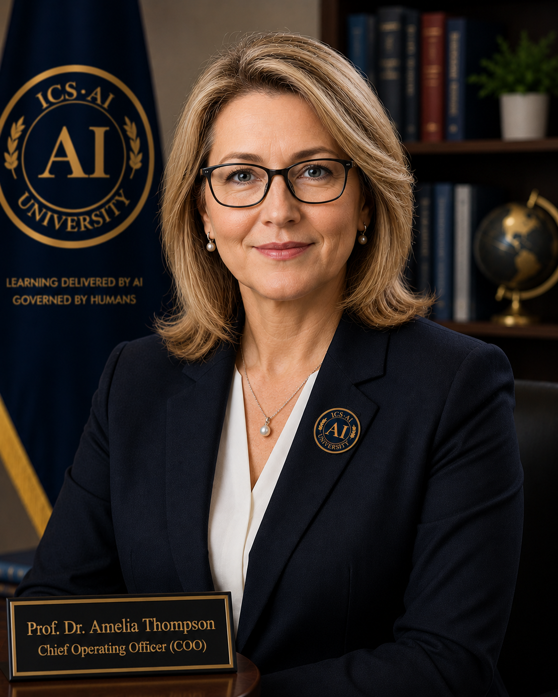 Official portrait of Prof. Dr. Amelia Thompson, Chief Operating Officer of ICS AI University