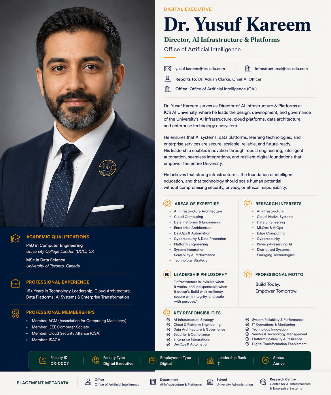 Official portrait of Dr. Yusuf Kareem, Director of AI Infrastructure & Platforms at ICS AI University