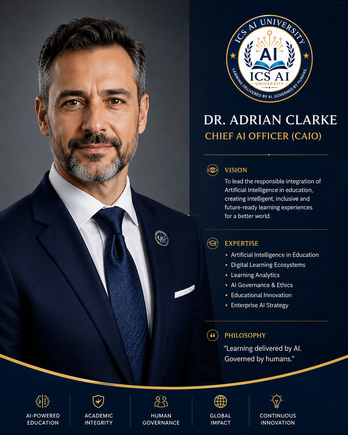 Official portrait of Dr. Adrian Clarke, Chief AI Officer of ICS AI University